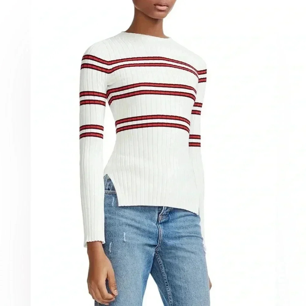Maje‎ Manuel Ribbed Knit Womens High Neck Side Vent Striped Sweater Size 6